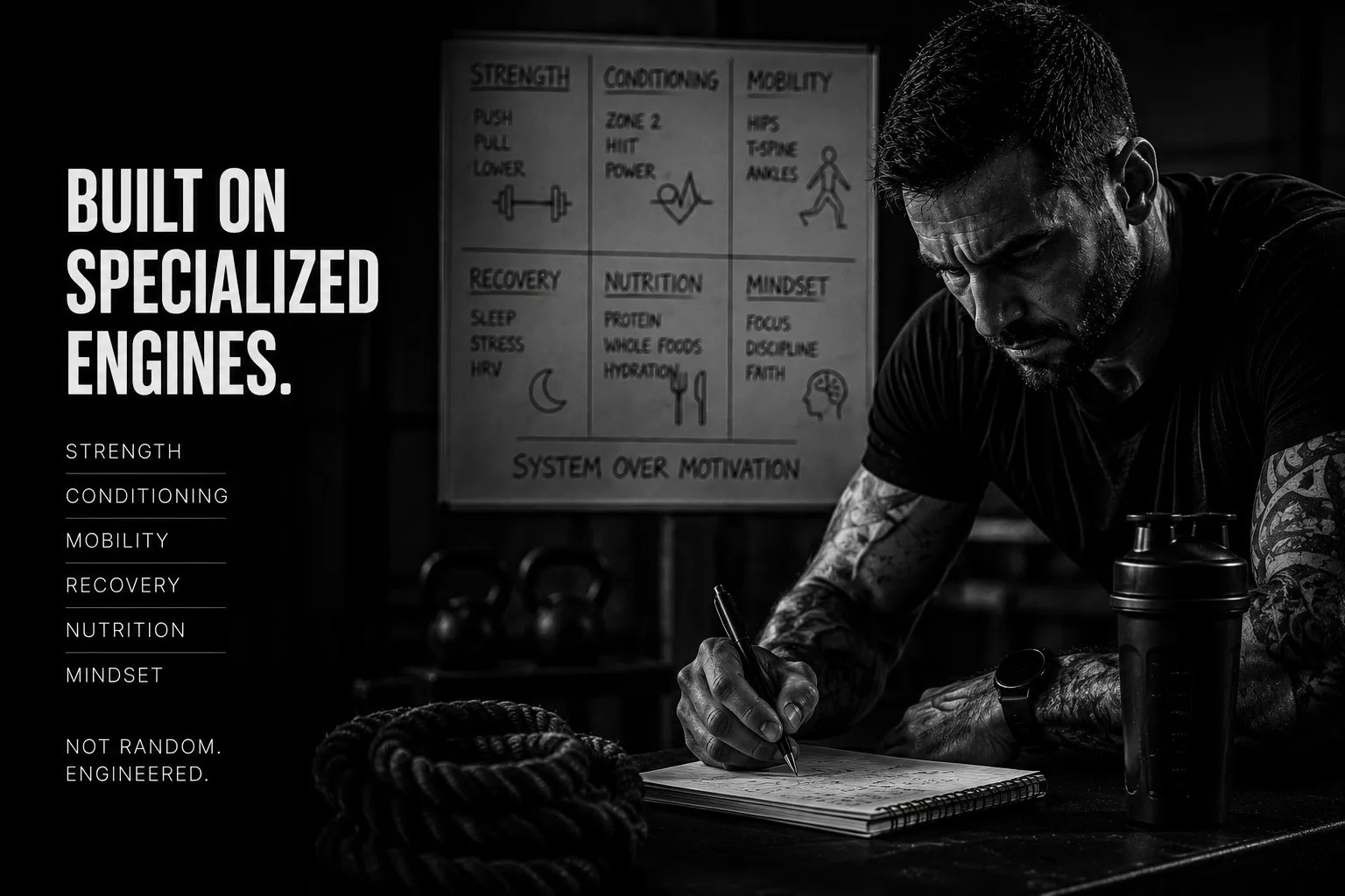A man writing his training plan into a notebook after a session.